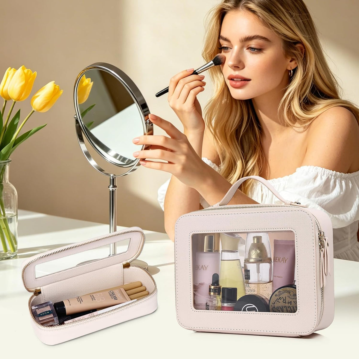 Travel Makeup Set, Black, L+M+SLIM | Waterproof, Transparent Cosmetic Bag, Toiletry Bag, Makeup Brush Case with Zipper, Car Essentials for Women