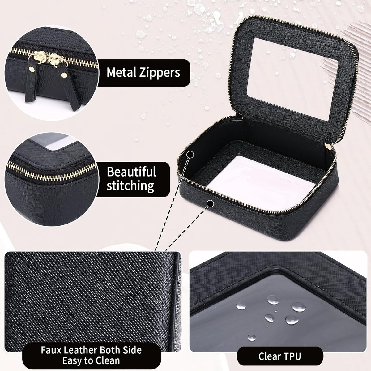 Travel Makeup Set, Black, L+M+SLIM | Waterproof, Transparent Cosmetic Bag, Toiletry Bag, Makeup Brush Case with Zipper, Car Essentials for Women