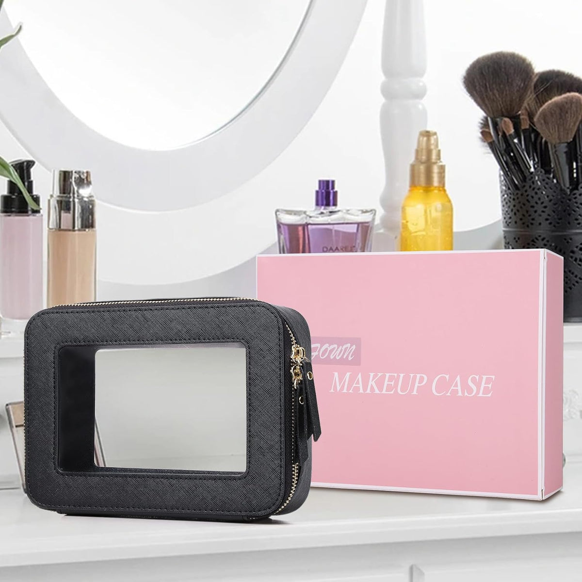Travel Makeup Set, Black, L+M+SLIM | Waterproof, Transparent Cosmetic Bag, Toiletry Bag, Makeup Brush Case with Zipper, Car Essentials for Women