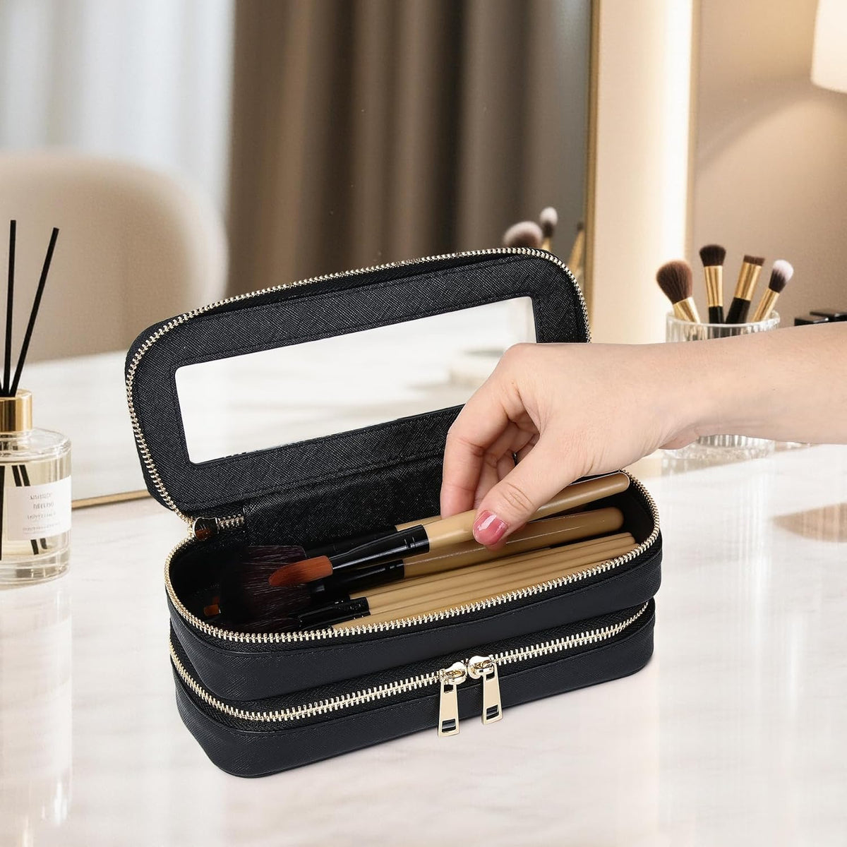 Travel Makeup Set, Black, L+M+SLIM | Waterproof, Transparent Cosmetic Bag, Toiletry Bag, Makeup Brush Case with Zipper, Car Essentials for Women