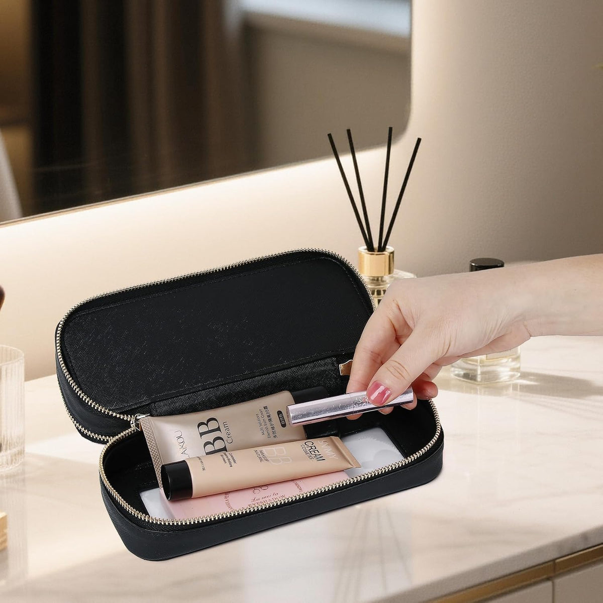 Travel Makeup Set, Black, L+M+SLIM | Waterproof, Transparent Cosmetic Bag, Toiletry Bag, Makeup Brush Case with Zipper, Car Essentials for Women