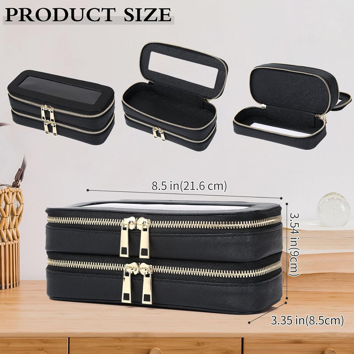 Travel Makeup Set, Black, L+M+SLIM | Waterproof, Transparent Cosmetic Bag, Toiletry Bag, Makeup Brush Case with Zipper, Car Essentials for Women