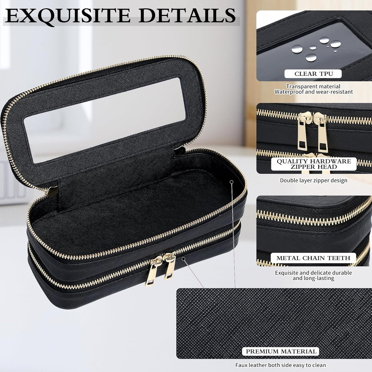 Travel Makeup Set, Black, L+M+SLIM | Waterproof, Transparent Cosmetic Bag, Toiletry Bag, Makeup Brush Case with Zipper, Car Essentials for Women