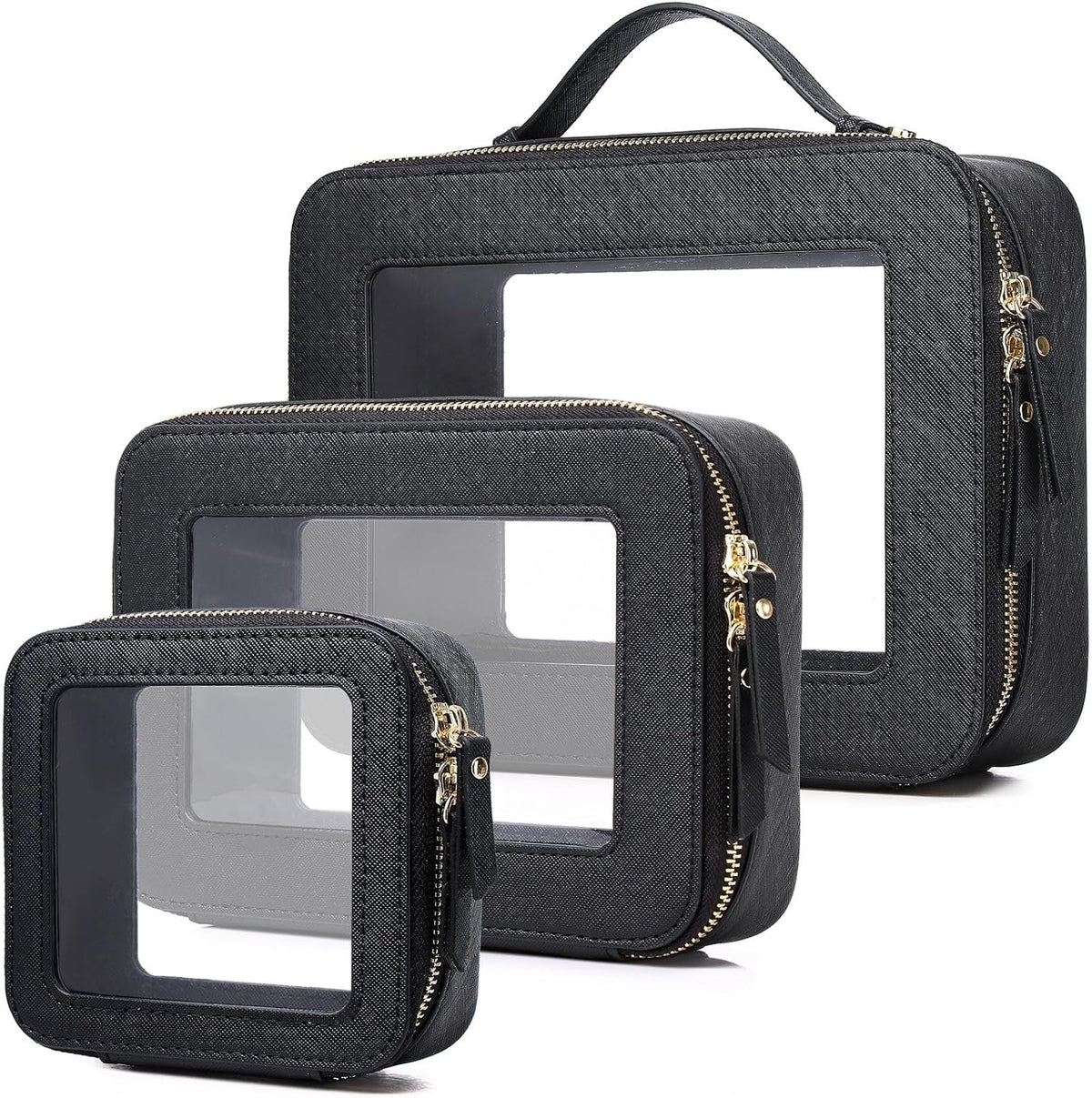 Travel Makeup Set, Black, L+M+SLIM | Waterproof, Transparent Cosmetic Bag, Toiletry Bag, Makeup Brush Case with Zipper, Car Essentials for Women