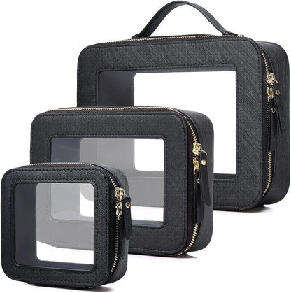 Travel Makeup Set, Black, L+M+SLIM | Waterproof, Transparent Cosmetic Bag, Toiletry Bag, Makeup Brush Case with Zipper, Car Essentials for Women