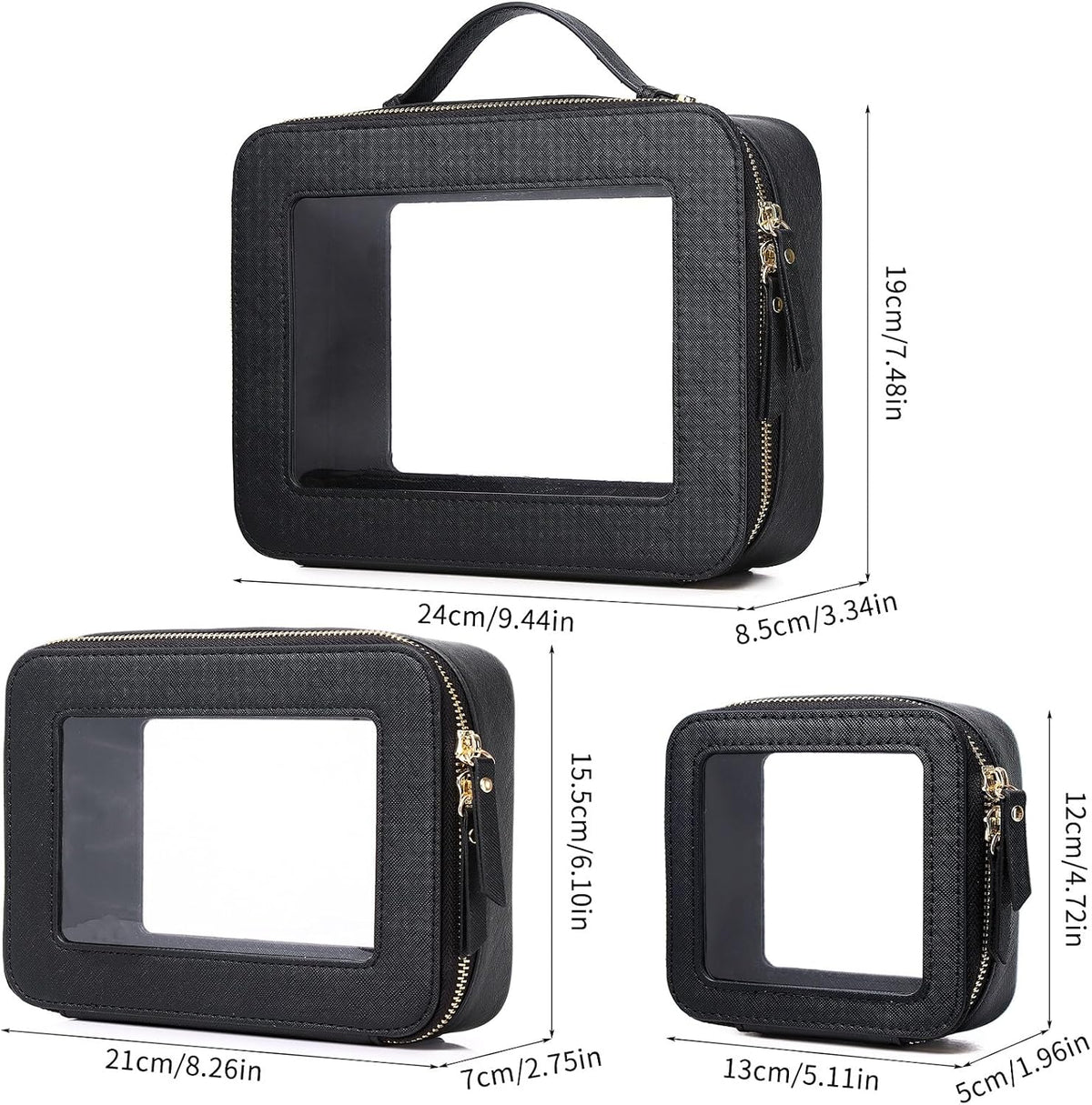 Travel Makeup Set, Black, L+M+SLIM | Waterproof, Transparent Cosmetic Bag, Toiletry Bag, Makeup Brush Case with Zipper, Car Essentials for Women