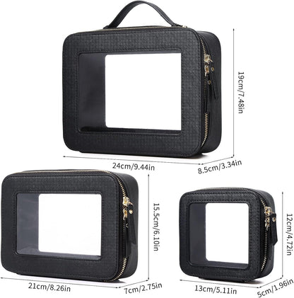 Travel Makeup Set, Black, L+M+SLIM | Waterproof, Transparent Cosmetic Bag, Toiletry Bag, Makeup Brush Case with Zipper, Car Essentials for Women