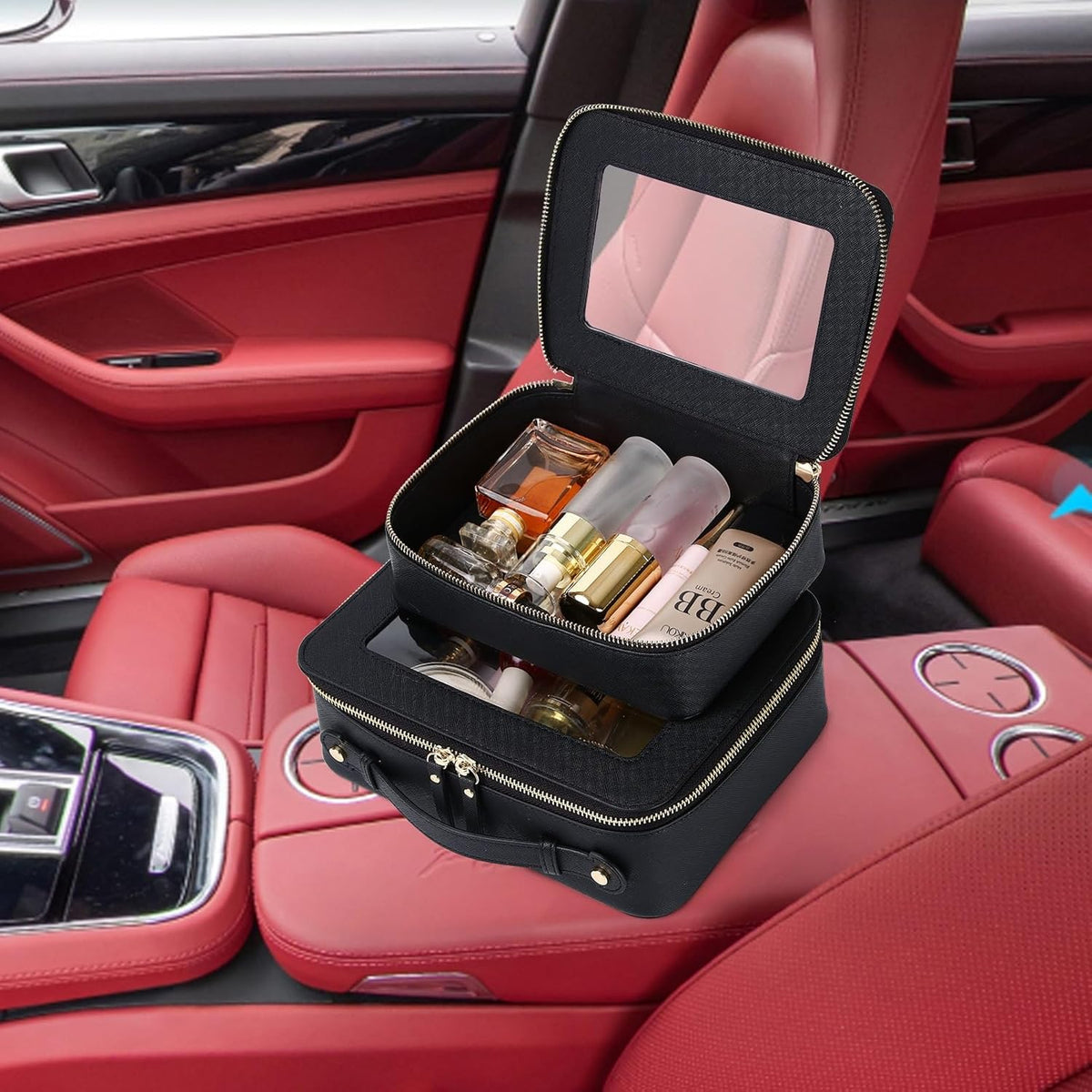 Travel Makeup Set, Black, L+M+SLIM | Waterproof, Transparent Cosmetic Bag, Toiletry Bag, Makeup Brush Case with Zipper, Car Essentials for Women