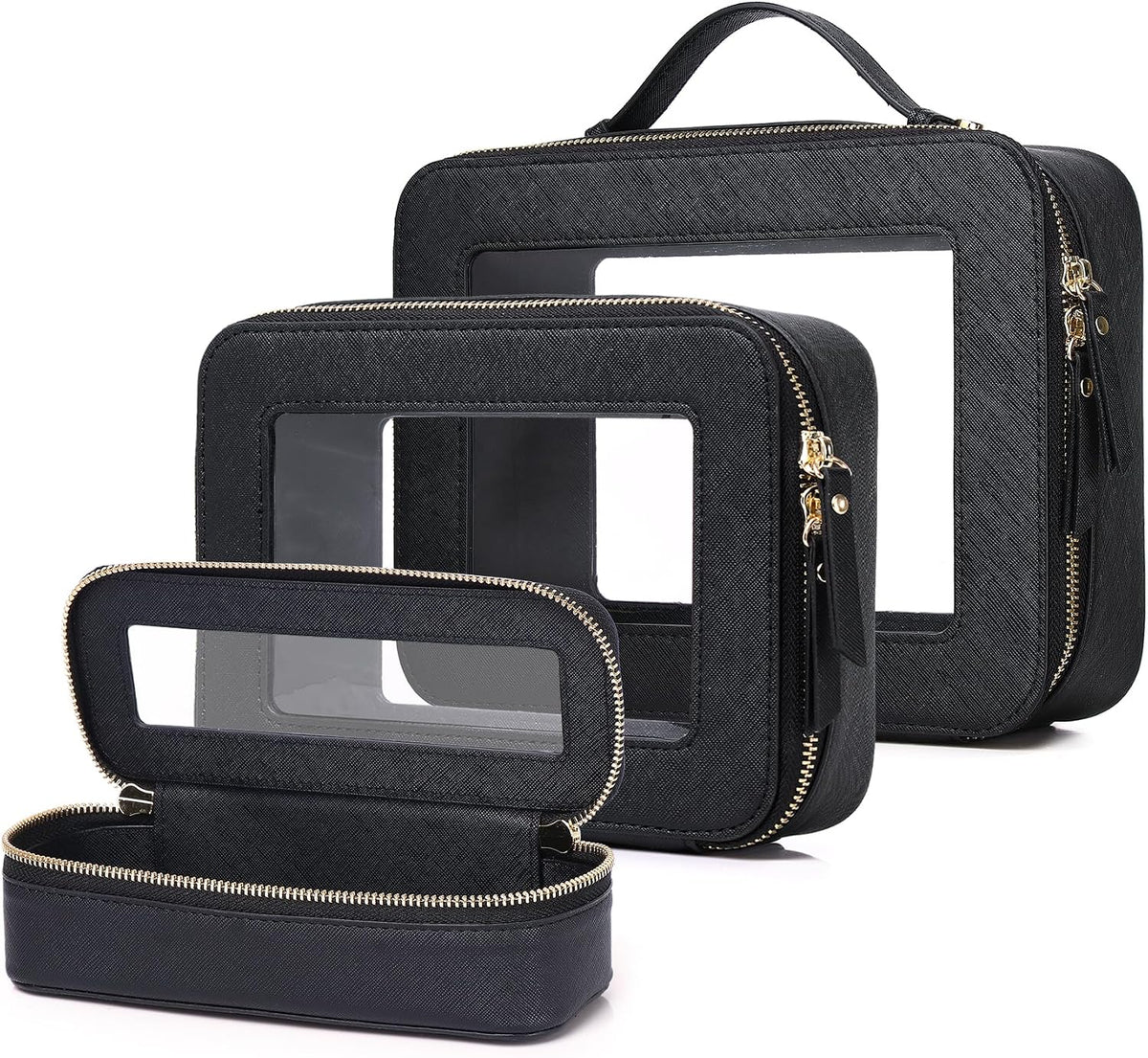 Travel Makeup Set, Black, L+M+SLIM | Waterproof, Transparent Cosmetic Bag, Toiletry Bag, Makeup Brush Case with Zipper, Car Essentials for Women