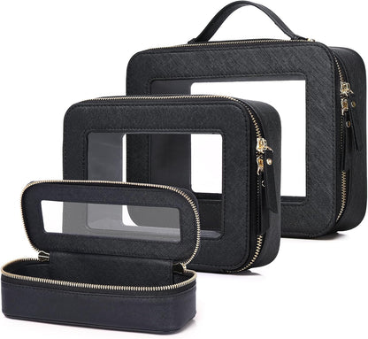 Travel Makeup Set, Black, L+M+SLIM | Waterproof, Transparent Cosmetic Bag, Toiletry Bag, Makeup Brush Case with Zipper, Car Essentials for Women