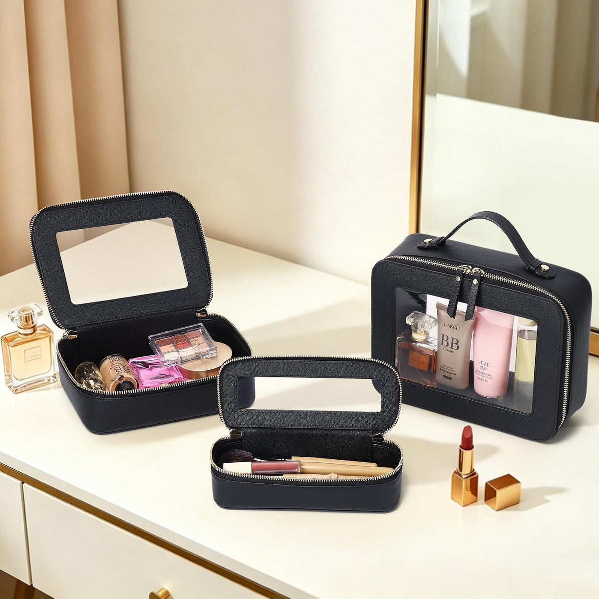 Travel Makeup Set, Black, L+M+SLIM | Waterproof, Transparent Cosmetic Bag, Toiletry Bag, Makeup Brush Case with Zipper, Car Essentials for Women