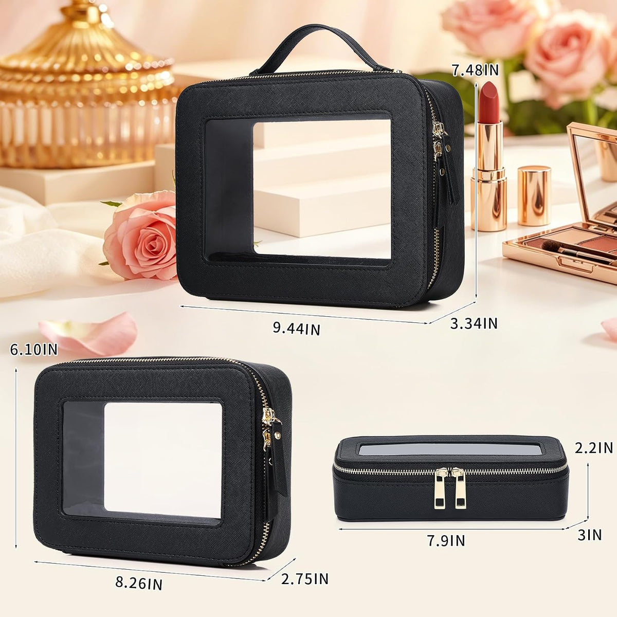 Travel Makeup Set, Black, L+M+SLIM | Waterproof, Transparent Cosmetic Bag, Toiletry Bag, Makeup Brush Case with Zipper, Car Essentials for Women