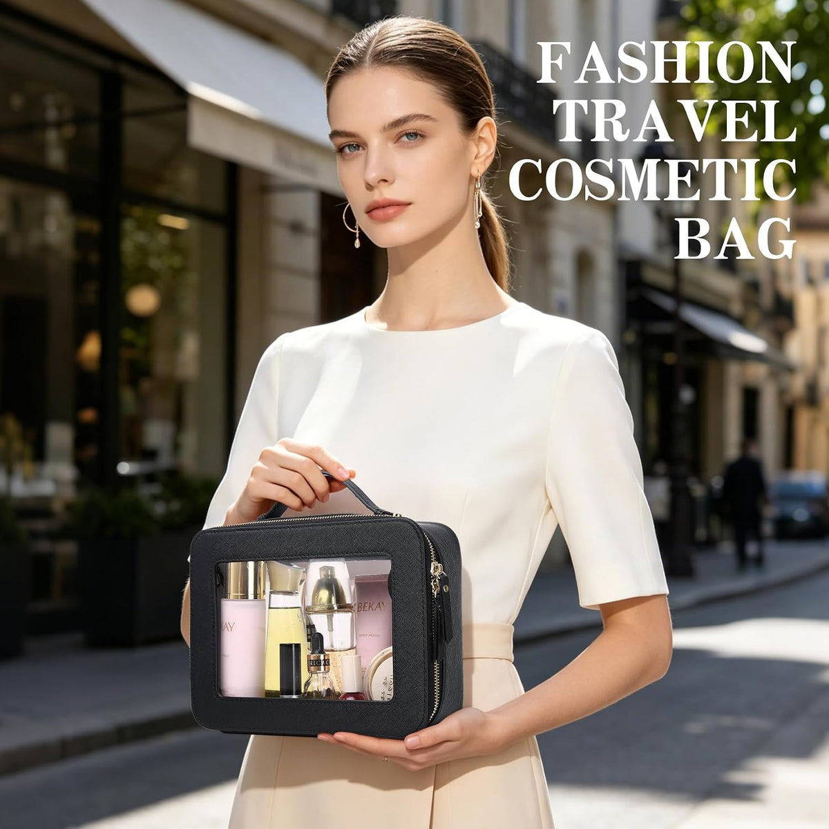 Travel Makeup Set, Black, L+M+SLIM | Waterproof, Transparent Cosmetic Bag, Toiletry Bag, Makeup Brush Case with Zipper, Car Essentials for Women
