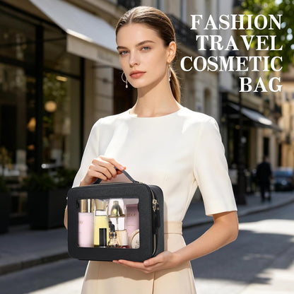 Travel Makeup Set, Black, L+M+SLIM | Waterproof, Transparent Cosmetic Bag, Toiletry Bag, Makeup Brush Case with Zipper, Car Essentials for Women