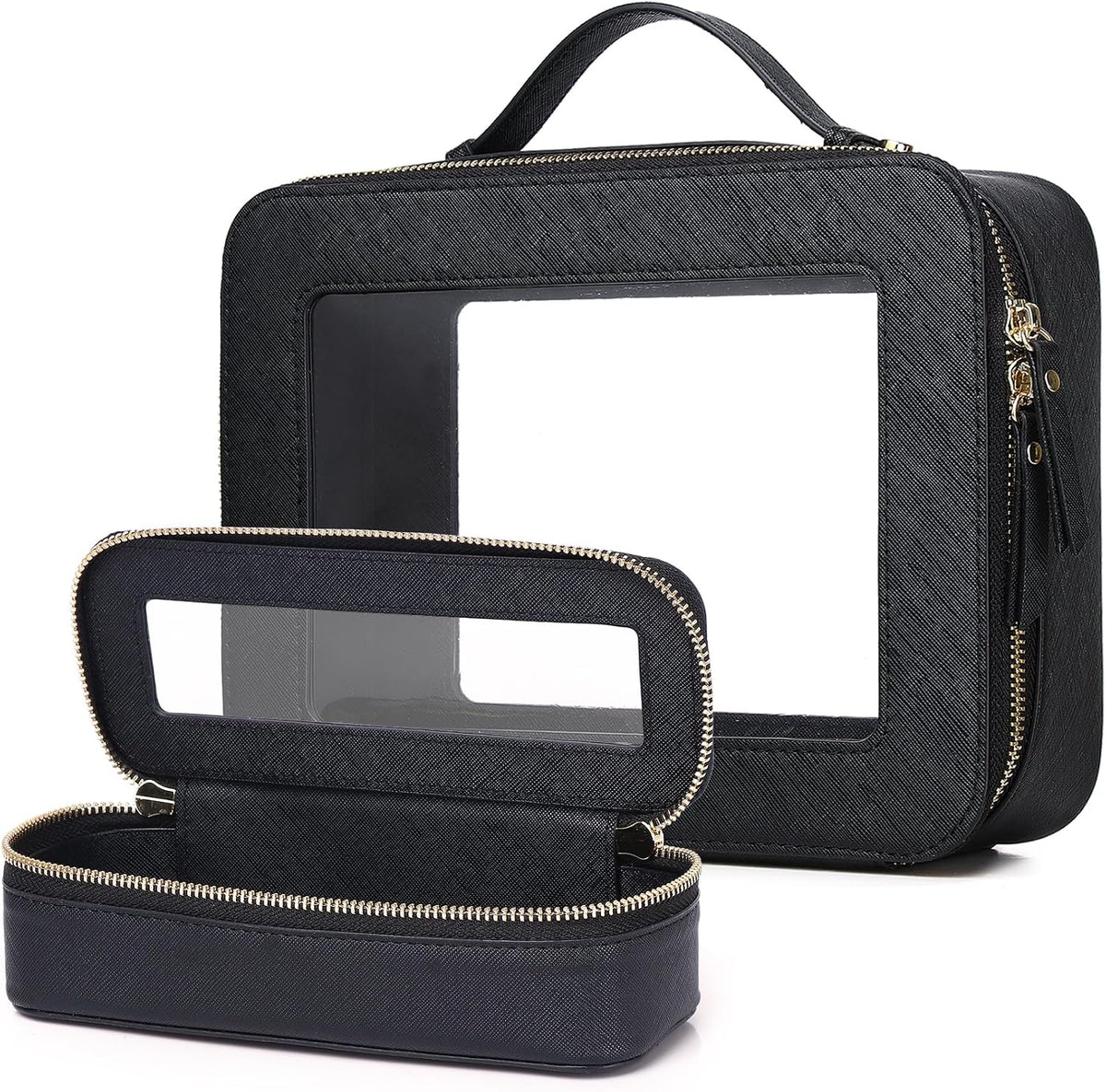 Travel Makeup Set, Black, L+M+SLIM | Waterproof, Transparent Cosmetic Bag, Toiletry Bag, Makeup Brush Case with Zipper, Car Essentials for Women
