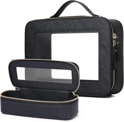 Travel Makeup Set, Black, L+M+SLIM | Waterproof, Transparent Cosmetic Bag, Toiletry Bag, Makeup Brush Case with Zipper, Car Essentials for Women
