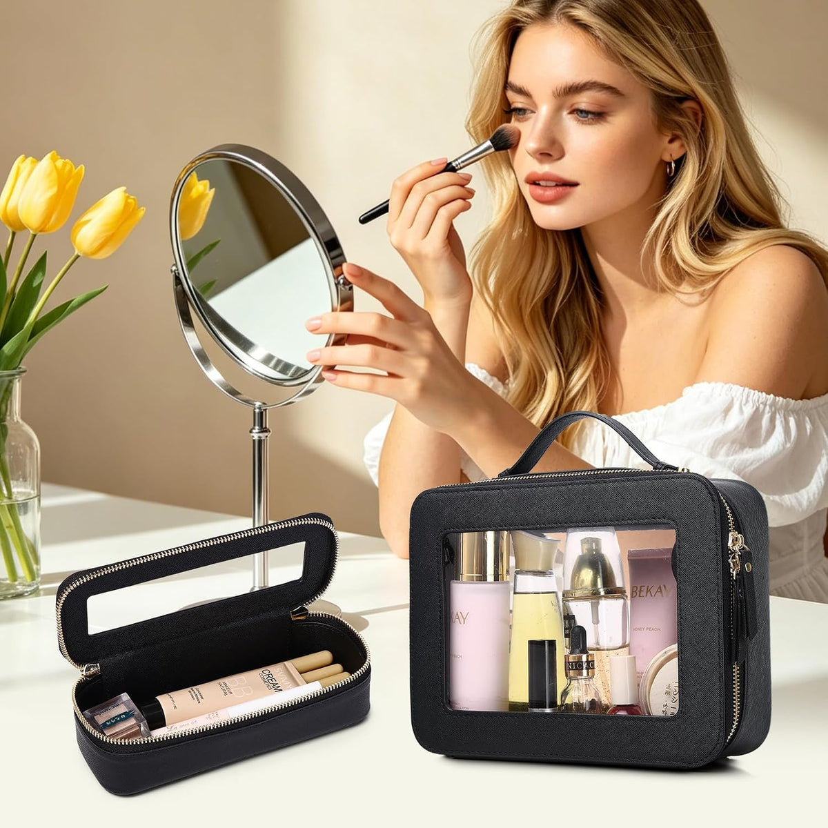 Travel Makeup Set, Black, L+M+SLIM | Waterproof, Transparent Cosmetic Bag, Toiletry Bag, Makeup Brush Case with Zipper, Car Essentials for Women