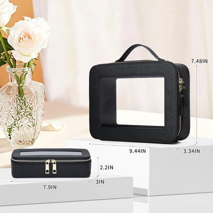 Travel Makeup Set, Black, L+M+SLIM | Waterproof, Transparent Cosmetic Bag, Toiletry Bag, Makeup Brush Case with Zipper, Car Essentials for Women
