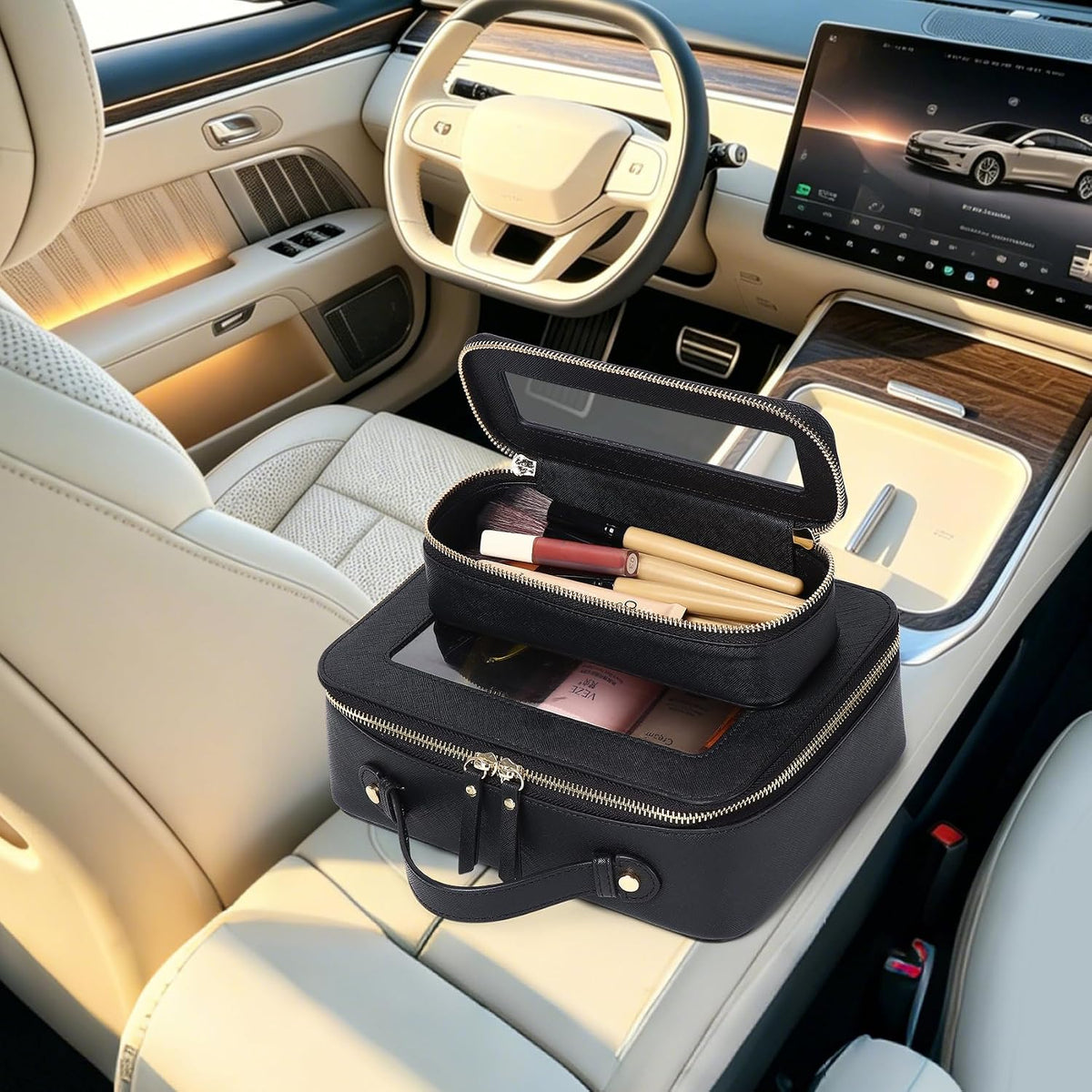 Travel Makeup Set, Black, L+M+SLIM | Waterproof, Transparent Cosmetic Bag, Toiletry Bag, Makeup Brush Case with Zipper, Car Essentials for Women