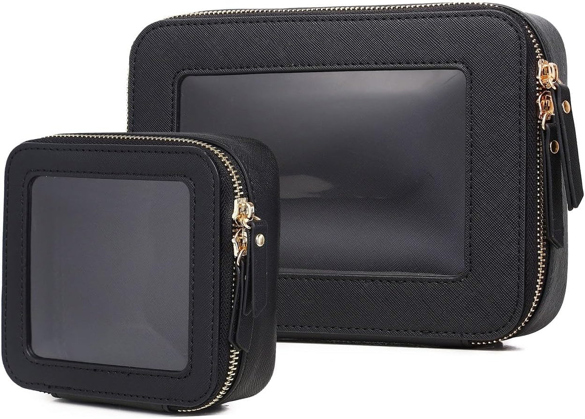 Travel Makeup Set, Black, L+M+SLIM | Waterproof, Transparent Cosmetic Bag, Toiletry Bag, Makeup Brush Case with Zipper, Car Essentials for Women