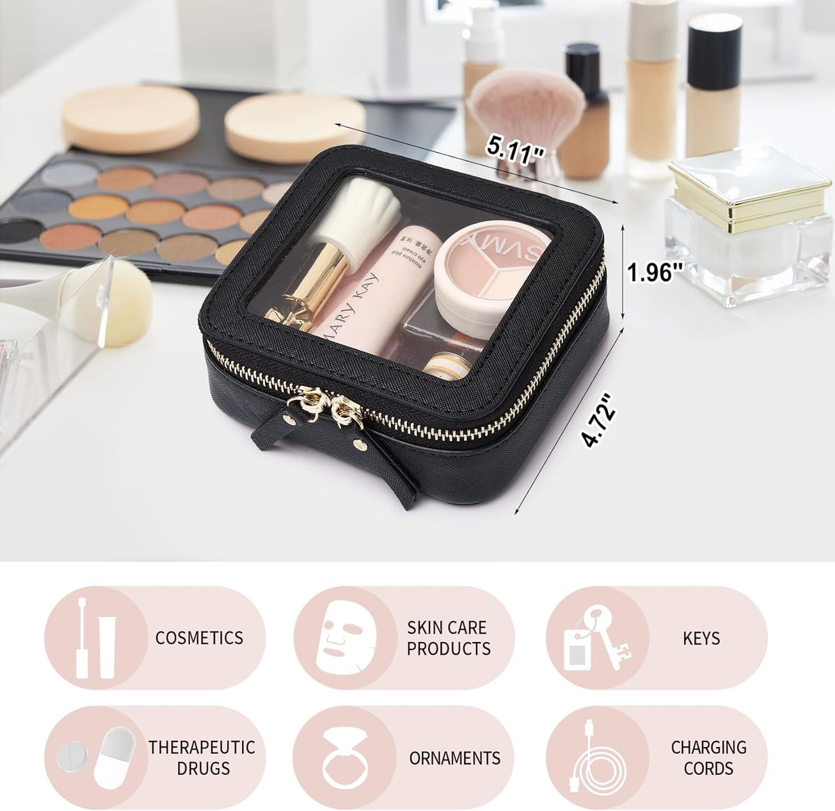 Travel Makeup Set, Black, L+M+SLIM | Waterproof, Transparent Cosmetic Bag, Toiletry Bag, Makeup Brush Case with Zipper, Car Essentials for Women