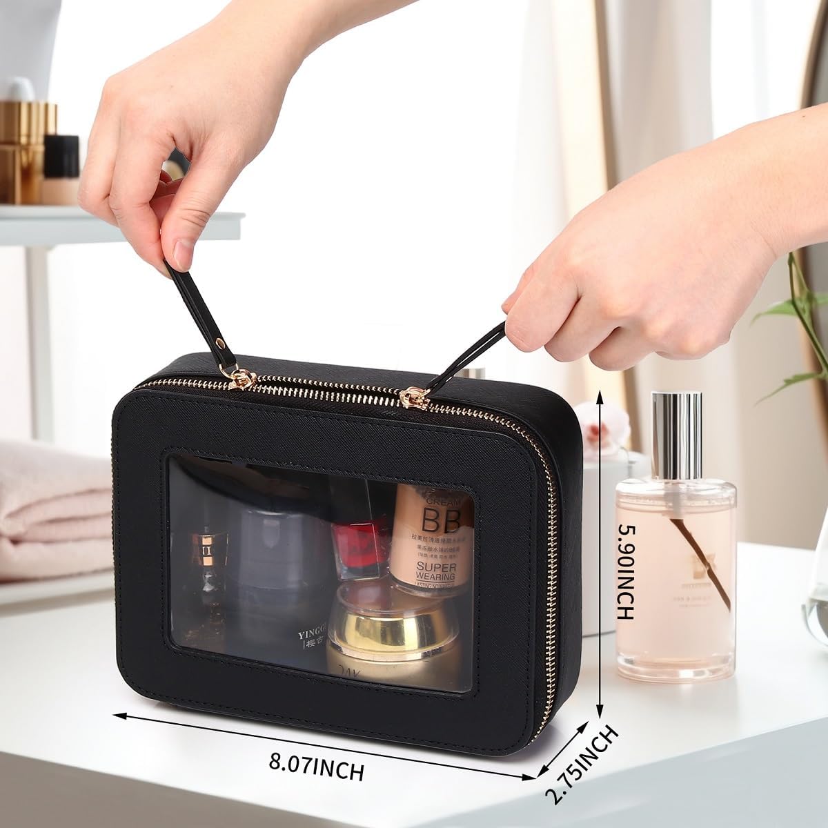 Travel Makeup Set, Black, L+M+SLIM | Waterproof, Transparent Cosmetic Bag, Toiletry Bag, Makeup Brush Case with Zipper, Car Essentials for Women