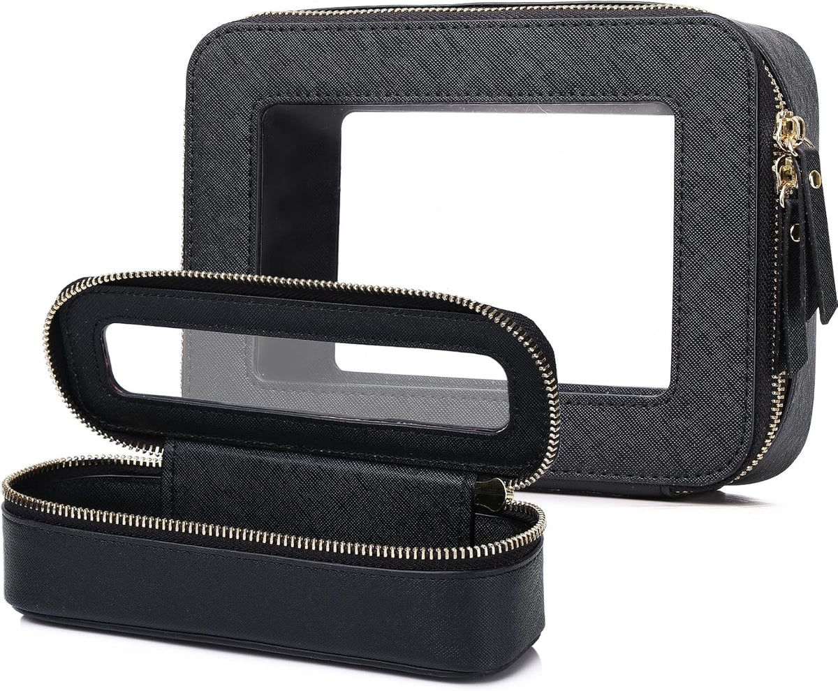 Travel Makeup Set, Black, L+M+SLIM | Waterproof, Transparent Cosmetic Bag, Toiletry Bag, Makeup Brush Case with Zipper, Car Essentials for Women