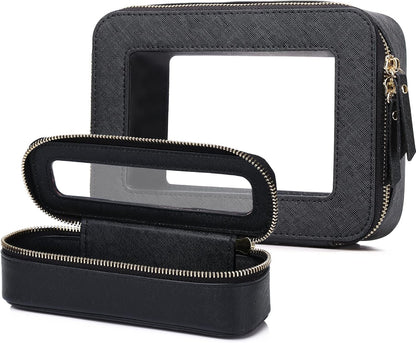 Travel Makeup Set, Black, L+M+SLIM | Waterproof, Transparent Cosmetic Bag, Toiletry Bag, Makeup Brush Case with Zipper, Car Essentials for Women