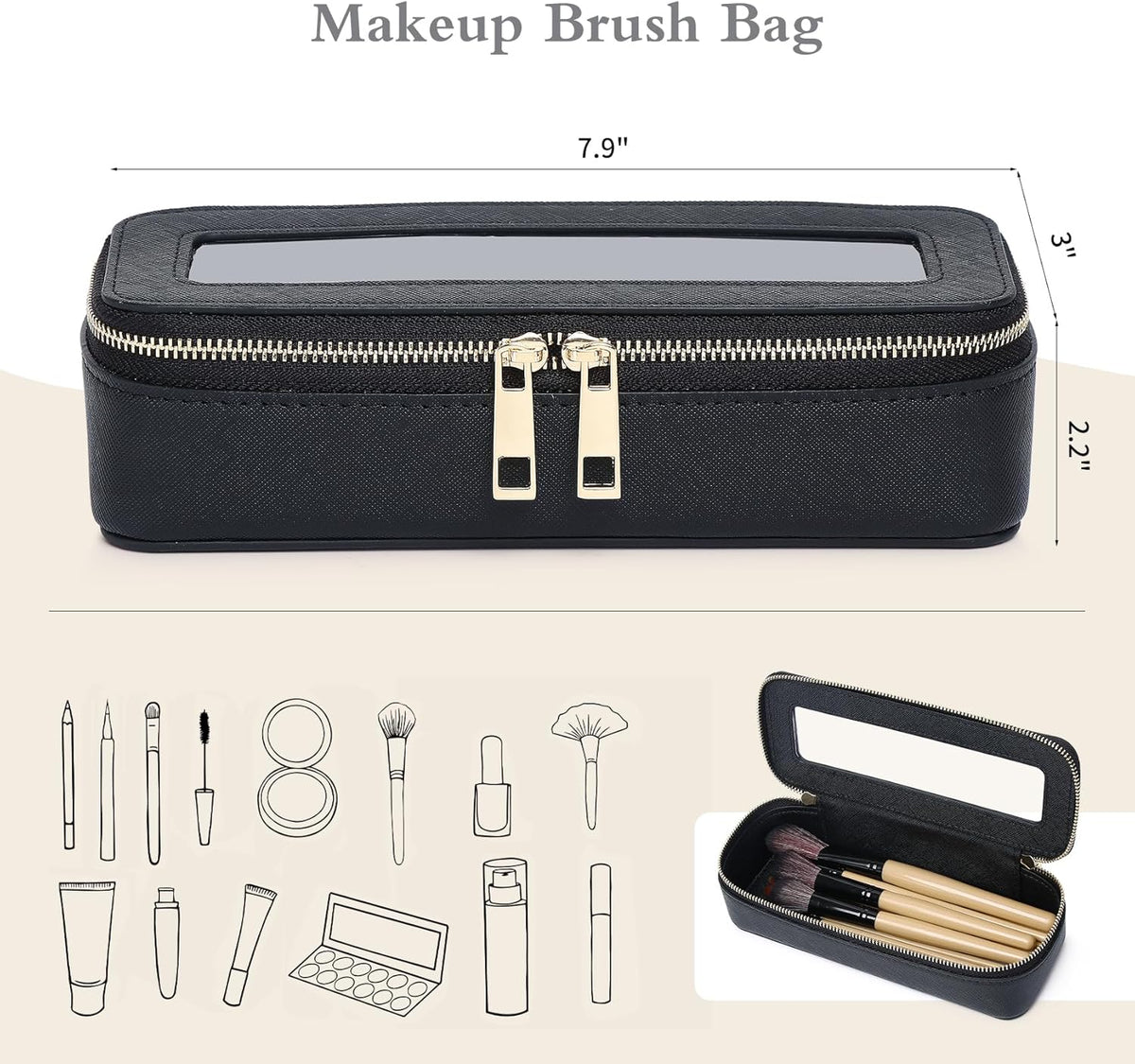 Travel Makeup Set, Black, L+M+SLIM | Waterproof, Transparent Cosmetic Bag, Toiletry Bag, Makeup Brush Case with Zipper, Car Essentials for Women