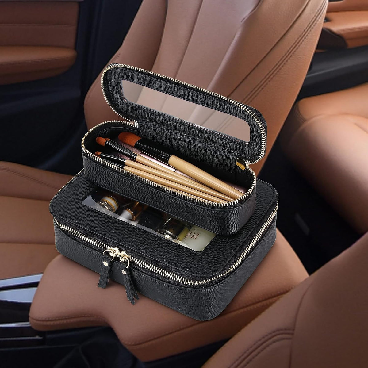Travel Makeup Set, Black, L+M+SLIM | Waterproof, Transparent Cosmetic Bag, Toiletry Bag, Makeup Brush Case with Zipper, Car Essentials for Women