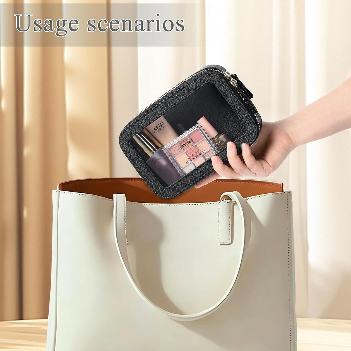 Travel Makeup Set, Black, L+M+SLIM | Waterproof, Transparent Cosmetic Bag, Toiletry Bag, Makeup Brush Case with Zipper, Car Essentials for Women
