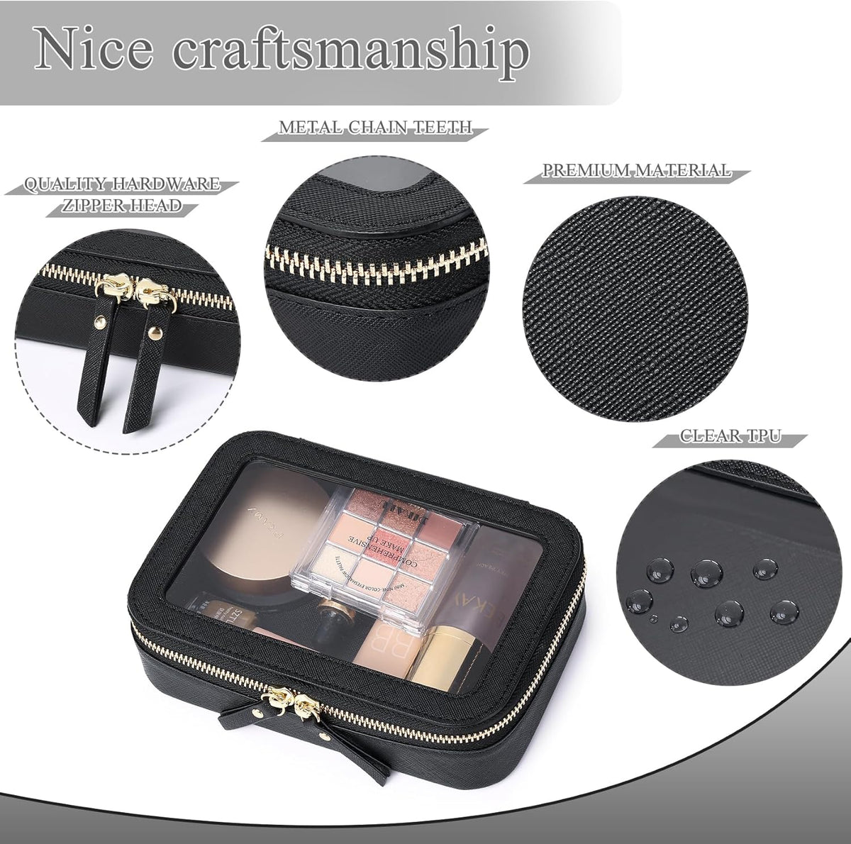 Travel Makeup Set, Black, L+M+SLIM | Waterproof, Transparent Cosmetic Bag, Toiletry Bag, Makeup Brush Case with Zipper, Car Essentials for Women
