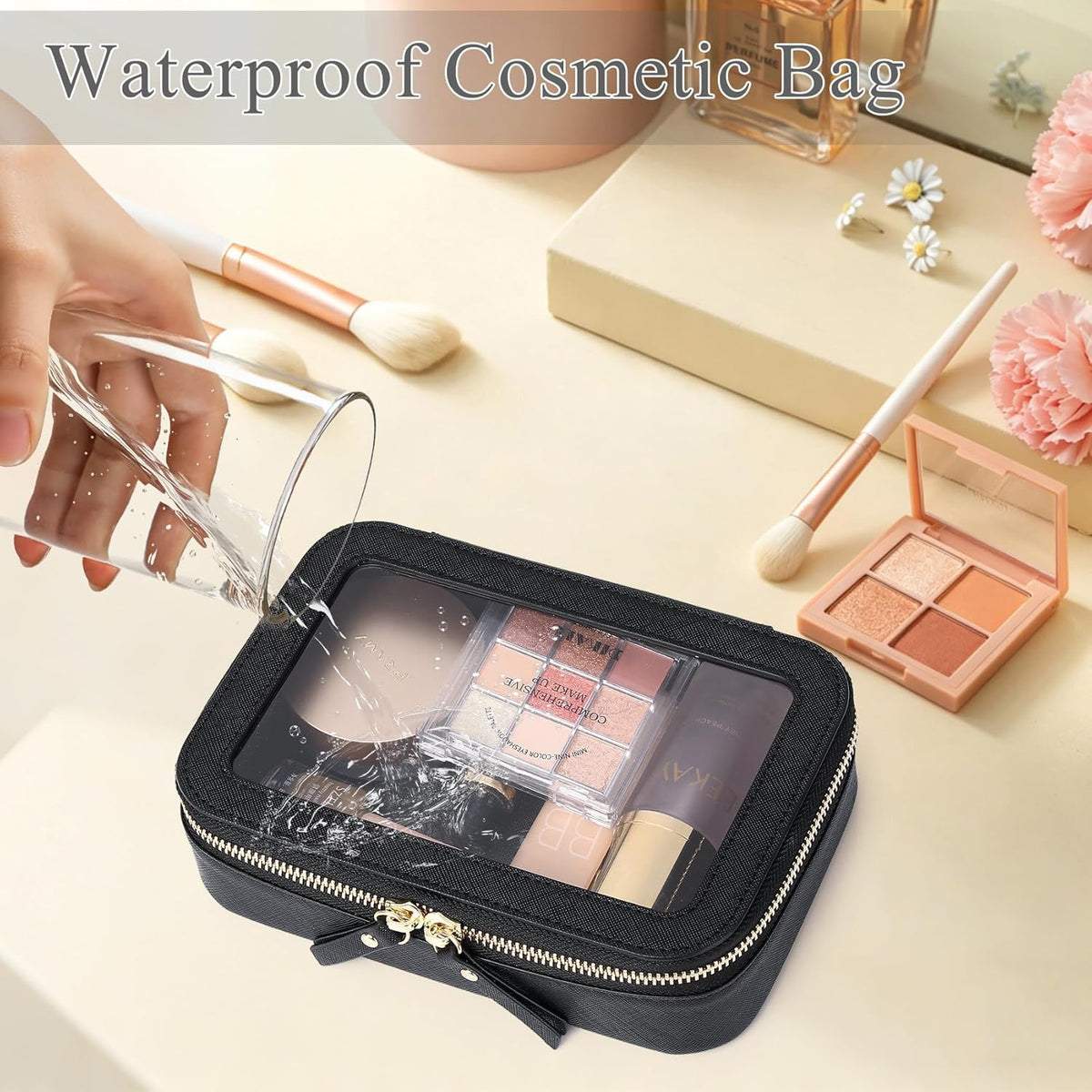 Travel Makeup Set, Black, L+M+SLIM | Waterproof, Transparent Cosmetic Bag, Toiletry Bag, Makeup Brush Case with Zipper, Car Essentials for Women