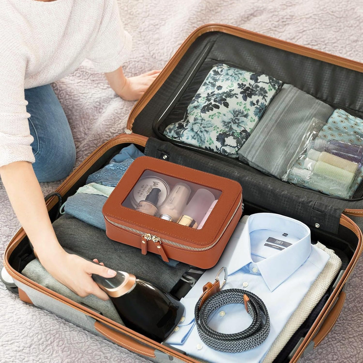 Travel Makeup Set, Black, L+M+SLIM | Waterproof, Transparent Cosmetic Bag, Toiletry Bag, Makeup Brush Case with Zipper, Car Essentials for Women
