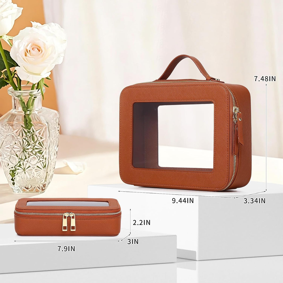 Travel Makeup Set, Black, L+M+SLIM | Waterproof, Transparent Cosmetic Bag, Toiletry Bag, Makeup Brush Case with Zipper, Car Essentials for Women