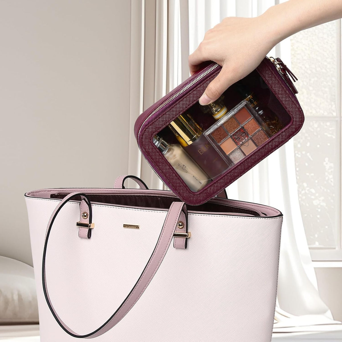 Travel Makeup Set, Black, L+M+SLIM | Waterproof, Transparent Cosmetic Bag, Toiletry Bag, Makeup Brush Case with Zipper, Car Essentials for Women