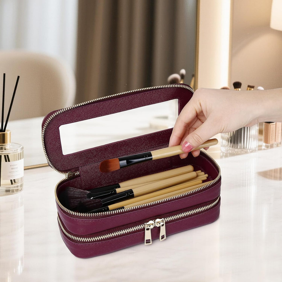 Travel Makeup Set, Black, L+M+SLIM | Waterproof, Transparent Cosmetic Bag, Toiletry Bag, Makeup Brush Case with Zipper, Car Essentials for Women