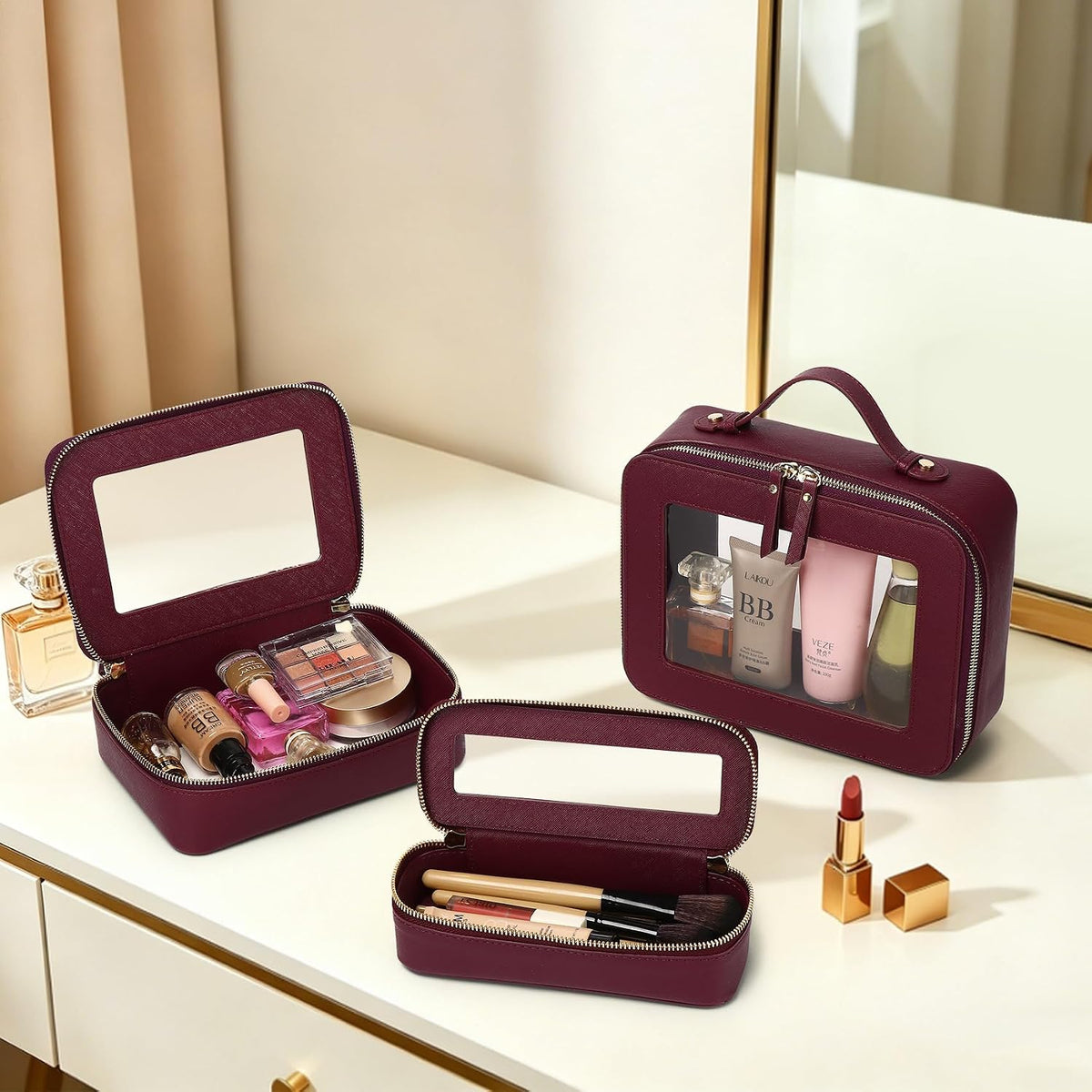 Travel Makeup Set, Black, L+M+SLIM | Waterproof, Transparent Cosmetic Bag, Toiletry Bag, Makeup Brush Case with Zipper, Car Essentials for Women
