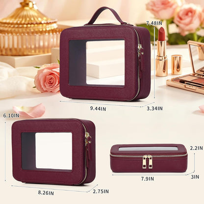 Travel Makeup Set, Black, L+M+SLIM | Waterproof, Transparent Cosmetic Bag, Toiletry Bag, Makeup Brush Case with Zipper, Car Essentials for Women