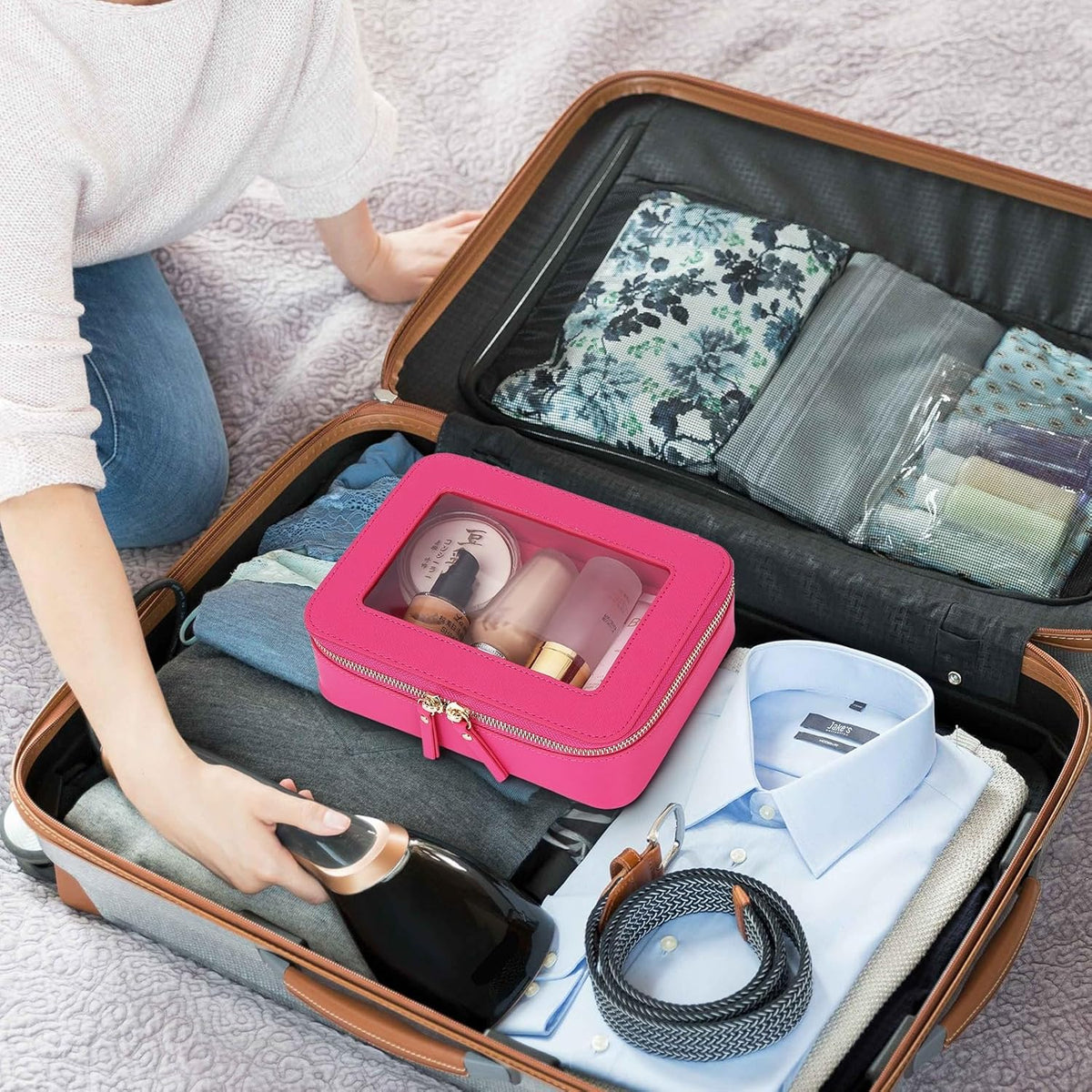 Travel Makeup Set, Black, L+M+SLIM | Waterproof, Transparent Cosmetic Bag, Toiletry Bag, Makeup Brush Case with Zipper, Car Essentials for Women