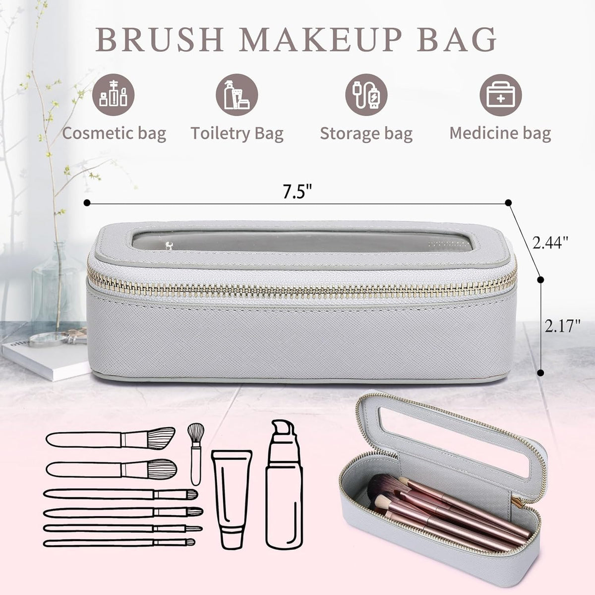 Travel Makeup Set, Black, L+M+SLIM | Waterproof, Transparent Cosmetic Bag, Toiletry Bag, Makeup Brush Case with Zipper, Car Essentials for Women