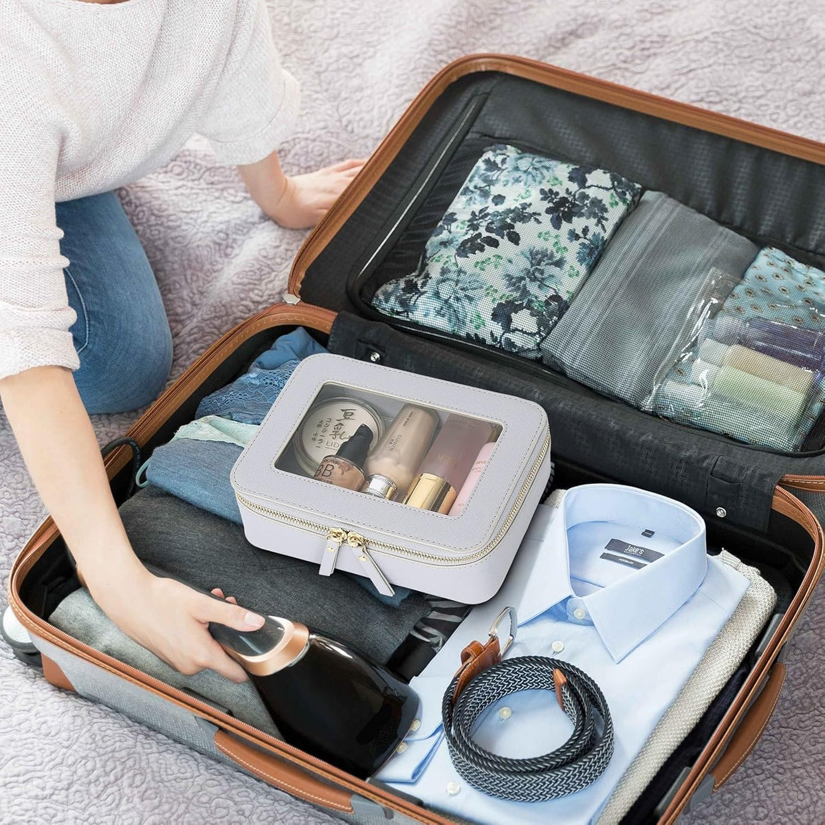 Travel Makeup Set, Black, L+M+SLIM | Waterproof, Transparent Cosmetic Bag, Toiletry Bag, Makeup Brush Case with Zipper, Car Essentials for Women