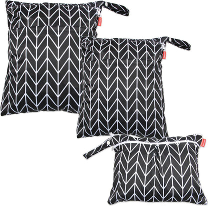 3pcs Travel Wet and Dry Bag with Handle for Cloth Diaper, Pumping Parts, Clothes, Swimsuit and More, Easy to Grab and Go, Black Arrows