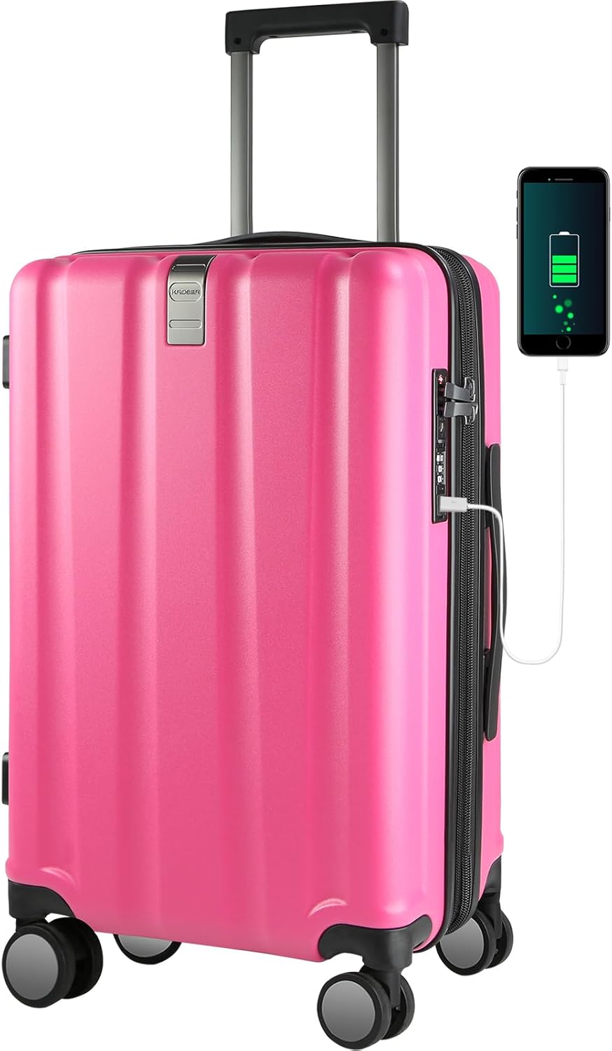 Hardside Expandable Carry On Luggage with Spinner Wheels & Built-in TSA Lock, Durable Suitcase Rolling Luggage with USB Port, Carry-On 20-Inch, White
