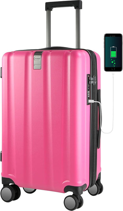 Hardside Expandable Carry On Luggage with Spinner Wheels & Built-in TSA Lock, Durable Suitcase Rolling Luggage with USB Port, Carry-On 20-Inch, White