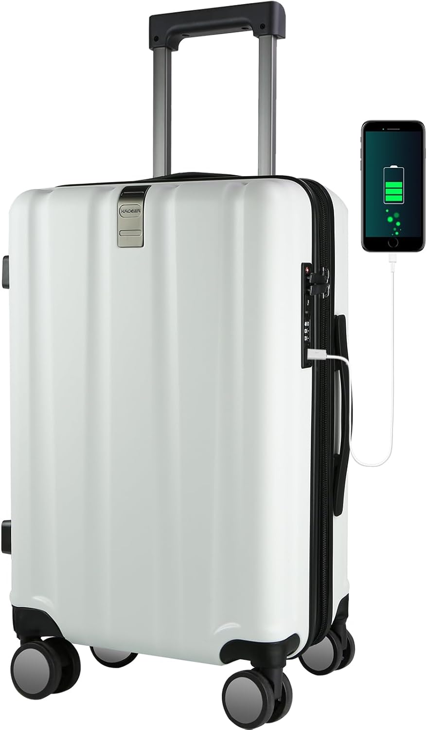 Hardside Expandable Carry On Luggage with Spinner Wheels & Built-in TSA Lock, Durable Suitcase Rolling Luggage with USB Port, Carry-On 20-Inch, White
