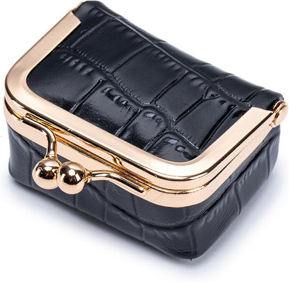 Travel Jewelry Organizer Case, Black Crocodile Pattern Leather, Small Portable Jewelry Box with Kiss Lock Clasp, mini Jewelry Roll for Women girl (Milk Tea, S)