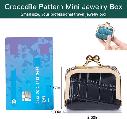 Travel Jewelry Organizer Case, Black Crocodile Pattern Leather, Small Portable Jewelry Box with Kiss Lock Clasp, mini Jewelry Roll for Women girl (Milk Tea, S)
