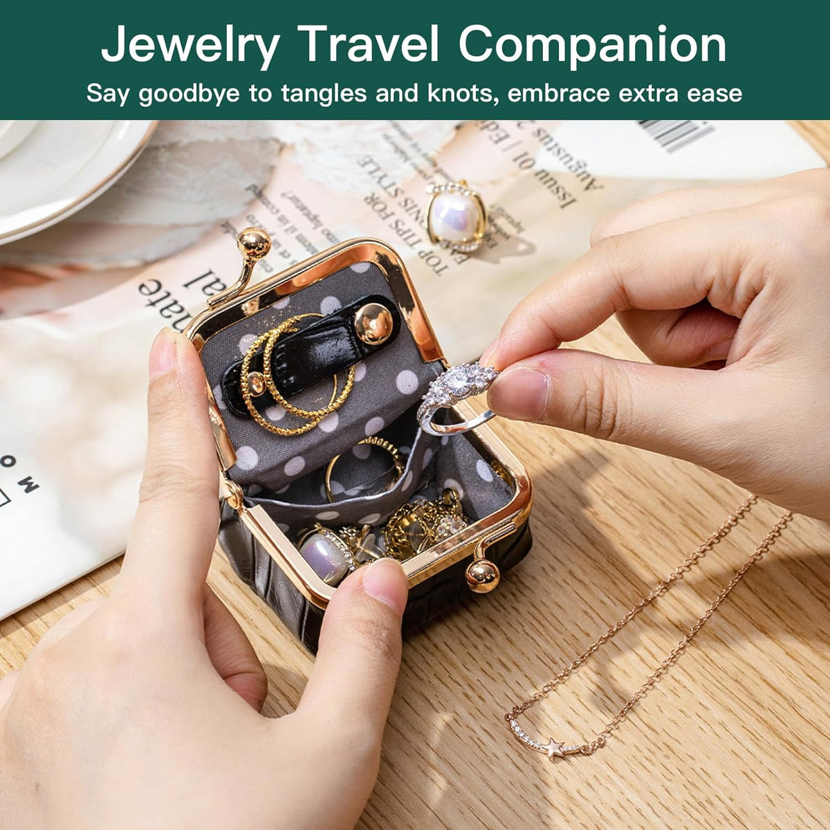 Travel Jewelry Organizer Case, Black Crocodile Pattern Leather, Small Portable Jewelry Box with Kiss Lock Clasp, mini Jewelry Roll for Women girl (Milk Tea, S)