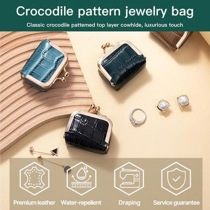 Travel Jewelry Organizer Case, Black Crocodile Pattern Leather, Small Portable Jewelry Box with Kiss Lock Clasp, mini Jewelry Roll for Women girl (Milk Tea, S)